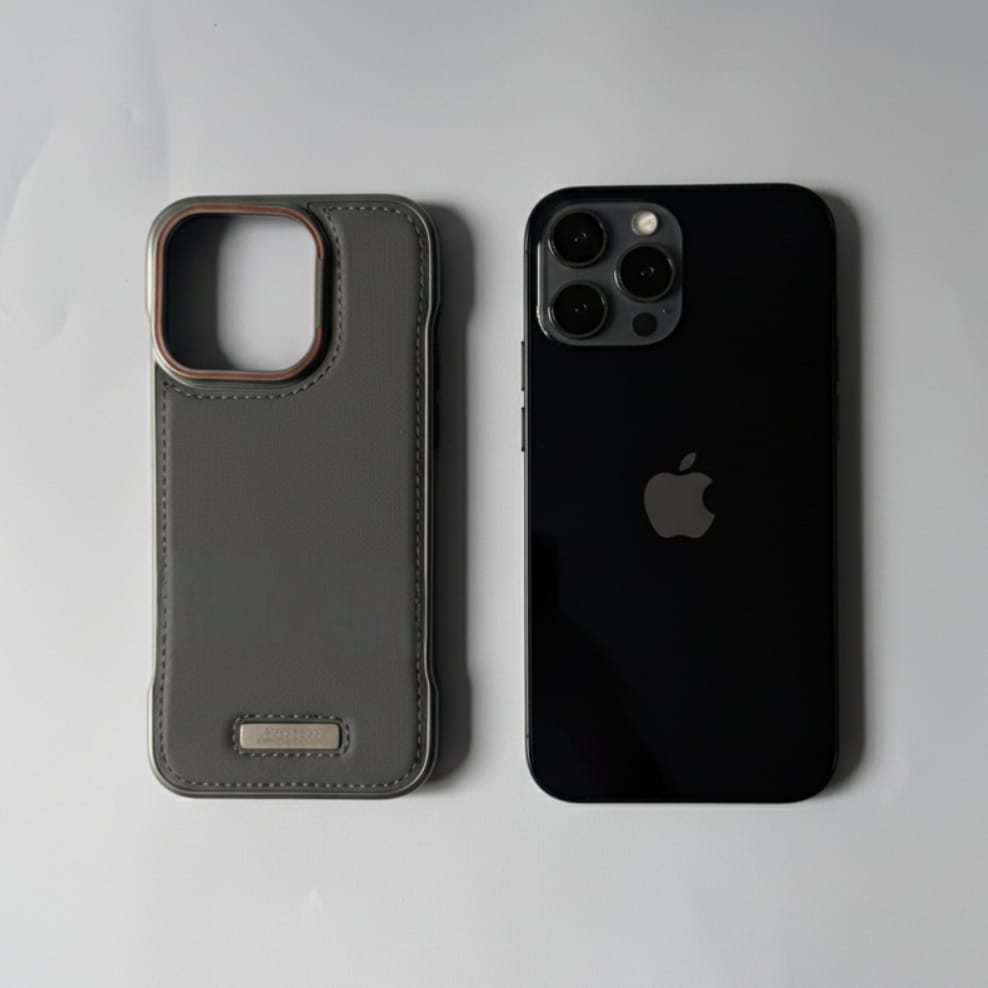 Premium Grey Textured Leather Case With Metal Ring - iPhone 14 Pro