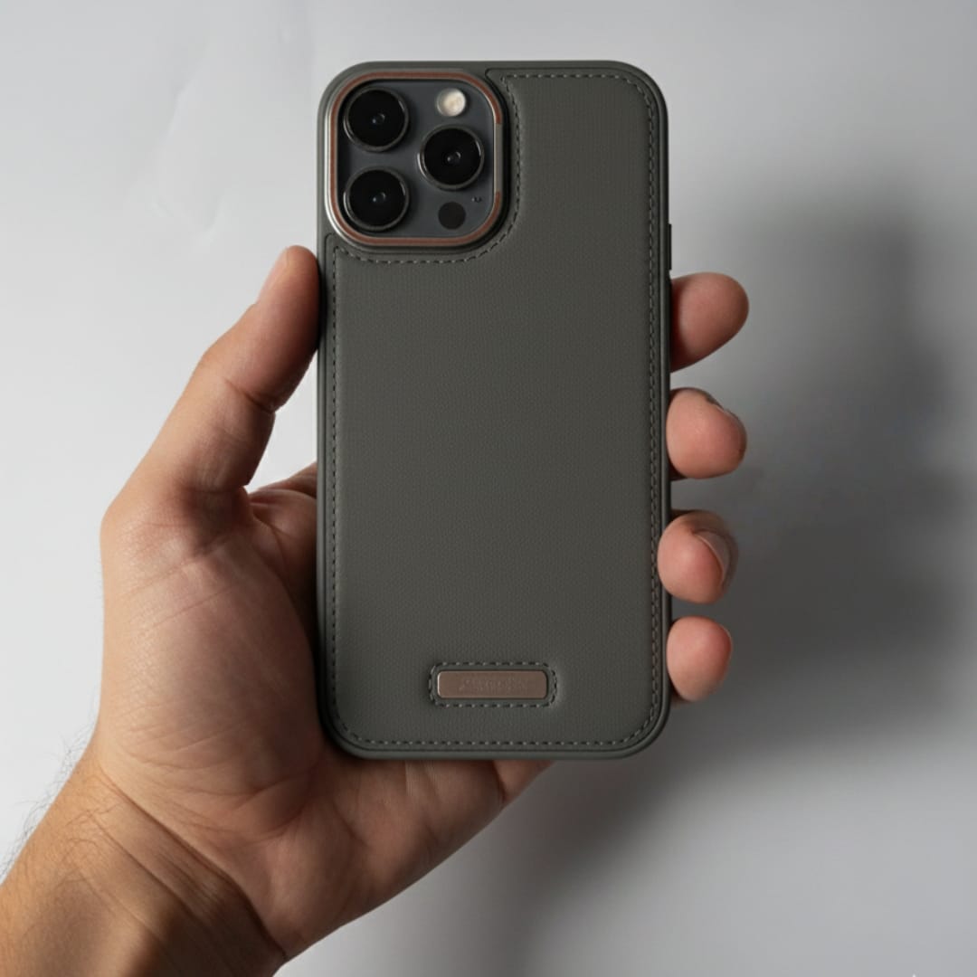 Premium Grey Textured Leather Case With Metal Ring - iPhone 14 Pro