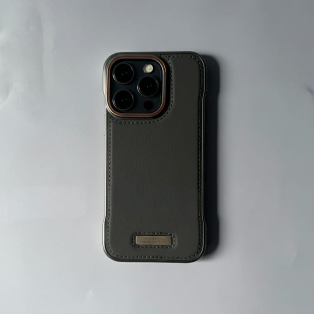Premium Grey Textured Leather Case With Metal Ring - iPhone 14 Pro